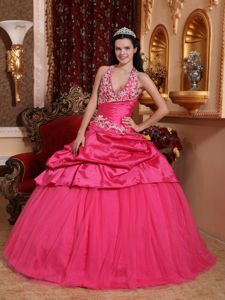 Hot Pink Halter Taffeta Appliqued Quinceanera Dress with Pick-ups in Malvern