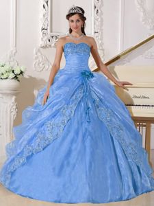 Strapless Organza Embroidered Quinceanera Dress with Beading in Light Blue