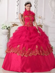 Halter Taffeta Coral Red Quince Dress with Beading and Appliques in Malvern