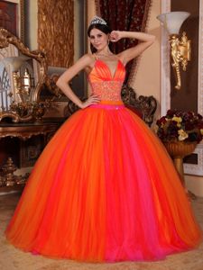 V-neck Taffeta and Tulle Quinceanera Gown Dress with Beading in Malvern