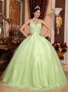 V-neck Tulle and Taffeta Beaded Quinceanera Dress in Yellow Green in Carlisle