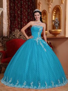 Aqua Blue Strapless Floor-length Tulle Lace Appliqued Quinceanera Dress in Tigard
