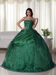Strapless Floor-length Tulle Beaded Quinceanera Gowns in Dark Green in Irving