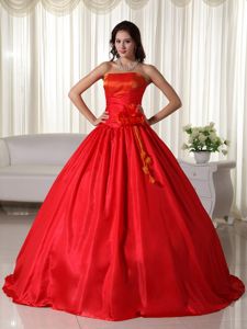 Red Strapless Floor-length Taffeta Quinceanera Dress with Ruches in Irving