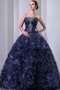Navy Blue Strapless Organza Beaded Quince Dress with Hand Flowers in Katy