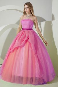 Pink Strapless Floor-length Organza Beaded Sweet 15 Dresses with Embroidery in Irving