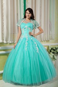 Turquoise Sweetheart Floor-length Tulle Appliqued Quinceanera Dress in Austin