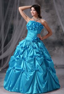 Hand Flowery Ruched Aqua Blue Strapless Quinceanera Dress with Pick-ups