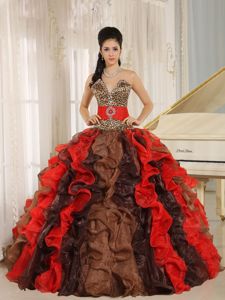 Multi-colored V-neck Ruffled Leopard Quinceanera Dress with Beading in Resistencia