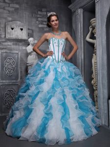 Taffeta and Organza White And Blue Quinceanera Gown with Appliques in Bryan