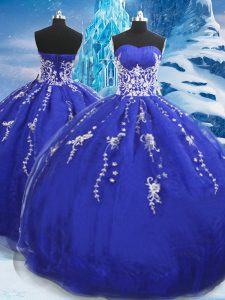 Elegant Floor Length Blue Ball Gown Prom Dress Organza Sleeveless Appliques