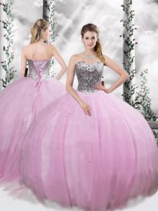 Latest Lilac Ball Gowns Tulle Sweetheart Sleeveless Beading Lace Up Quinceanera Dress Brush Train