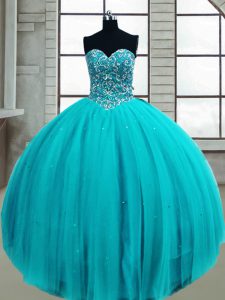 Great Sweetheart Sleeveless Lace Up Quinceanera Dress Aqua Blue Tulle