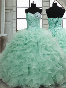 Lovely Apple Green Organza Lace Up Sweetheart Sleeveless Floor Length Quinceanera Gowns Beading and Ruffles