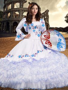Square Long Sleeves Organza Sweet 16 Quinceanera Dress Embroidery and Ruffled Layers Lace Up