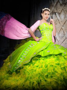 Sweetheart Sleeveless Brush Train Lace Up Quinceanera Dress Yellow Green Organza