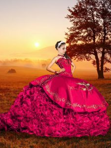 Flare Sleeveless Embroidery and Ruffles Lace Up 15 Quinceanera Dress with Red Brush Train