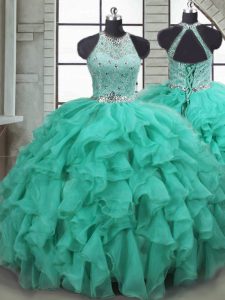 Top Selling Turquoise Organza Lace Up Scoop Sleeveless Quinceanera Dress Brush Train Beading and Ruffles