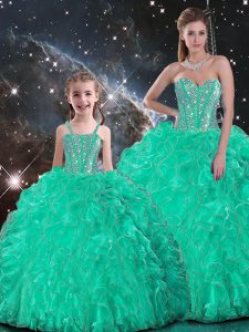 Turquoise Lace Up Quinceanera Gown Beading and Ruffles Sleeveless Floor Length