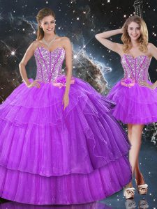 Edgy Sleeveless Organza Floor Length Lace Up 15th Birthday Dress in Purple with Ruffled Layers