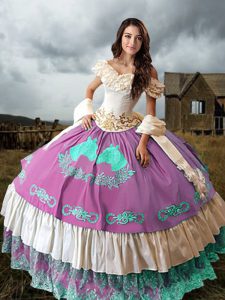 Pretty Multi-color Quinceanera Dress Taffeta Brush Train Sleeveless Embroidery and Ruffled Layers