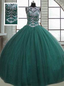 High Quality Tulle Scoop Sleeveless Lace Up Beading Quinceanera Dress in Dark Green