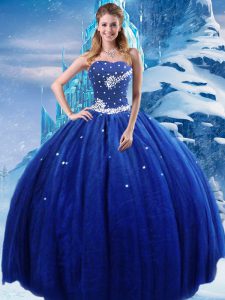 High Quality Tulle Strapless Sleeveless Lace Up Beading 15th Birthday Dress in Royal Blue