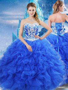Comfortable Blue Organza Lace Up Sweetheart Sleeveless Floor Length 15th Birthday Dress Beading and Ruffles