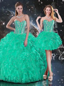 Turquoise Quinceanera Gown Military Ball and Sweet 16 and Quinceanera with Beading and Ruffles Sweetheart Sleeveless Lace Up