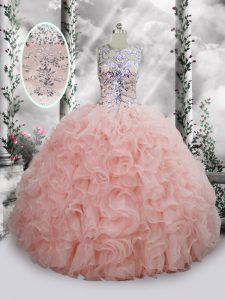 Beading and Ruffles 15th Birthday Dress Baby Pink Lace Up Sleeveless Floor Length