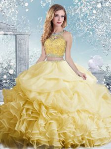 Floor Length Two Pieces Sleeveless Yellow 15th Birthday Dress Clasp Handle