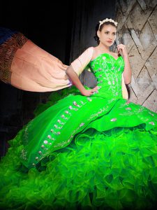 Green Ball Gowns Organza Sweetheart Sleeveless Embroidery and Ruffles With Train Lace Up Ball Gown Prom Dress Brush Train