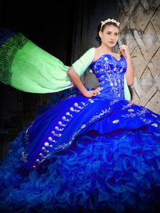 Royal Blue Sleeveless Embroidery and Ruffles Lace Up Quinceanera Dress