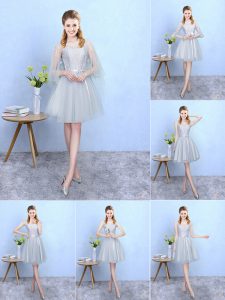 Knee Length Lace Up Court Dresses for Sweet 16 Silver for Wedding Party with Lace