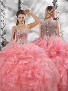 Colorful Straps Sleeveless Zipper 15 Quinceanera Dress Watermelon Red Organza
