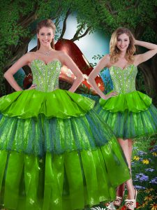 Olive Green Sleeveless Floor Length Beading and Ruffled Layers Lace Up 15 Quinceanera Dress