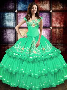 Elegant Sleeveless Floor Length Embroidery and Ruffled Layers Lace Up Ball Gown Prom Dress with Turquoise