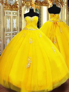 Gold Sleeveless Tulle Lace Up Sweet 16 Quinceanera Dress for Military Ball and Sweet 16 and Quinceanera