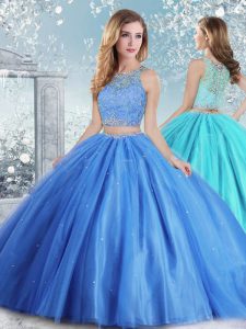 Sleeveless Floor Length Beading and Sequins Clasp Handle Sweet 16 Dress with Baby Blue