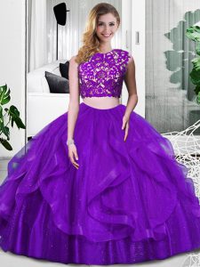 Tulle Sleeveless Floor Length Ball Gown Prom Dress and Lace and Ruffles