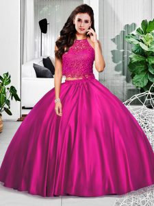Fuchsia Sleeveless Lace and Ruching Floor Length Sweet 16 Dresses
