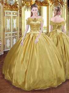 High Quality Gold Ball Gowns Off The Shoulder Sleeveless Tulle Floor Length Lace Up Beading and Appliques and Hand Made Flower Sweet 16 Dress