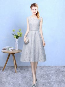 Tea Length Zipper Damas Dress Grey for Wedding Party with Lace