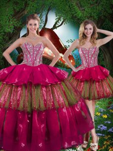 Burgundy Sweetheart Neckline Beading and Ruffled Layers Sweet 16 Quinceanera Dress Sleeveless Lace Up