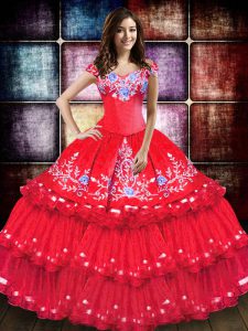 Clearance Coral Red Vestidos de Quinceanera Military Ball and Sweet 16 and Quinceanera with Embroidery and Ruffled Layers Off The Shoulder Sleeveless Lace Up