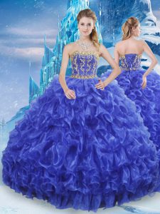 Royal Blue Organza Lace Up Quinceanera Dress Sleeveless Floor Length Beading and Appliques and Ruffles