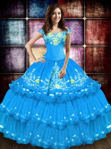 Flare Taffeta Sleeveless Floor Length Quinceanera Gowns and Embroidery and Ruffled Layers