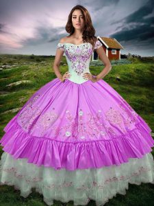 Sleeveless Taffeta Floor Length Lace Up Sweet 16 Dresses in Lilac with Beading and Embroidery and Ruffled Layers
