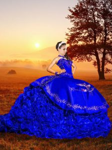 High End Sleeveless Embroidery and Ruffles Lace Up Sweet 16 Dresses with Royal Blue Brush Train