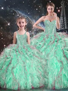 Turquoise Sweetheart Lace Up Beading and Ruffles Sweet 16 Quinceanera Dress Sleeveless